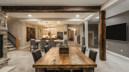 Modern Rustic Dining Room with Open Kitchen and Cozy Atmosphere