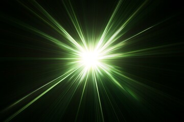 Green light rays burst from bright core on black.