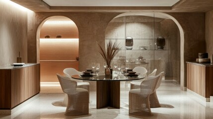Elegant Modern Dining Room with Stylish Decor and Unique Lighting