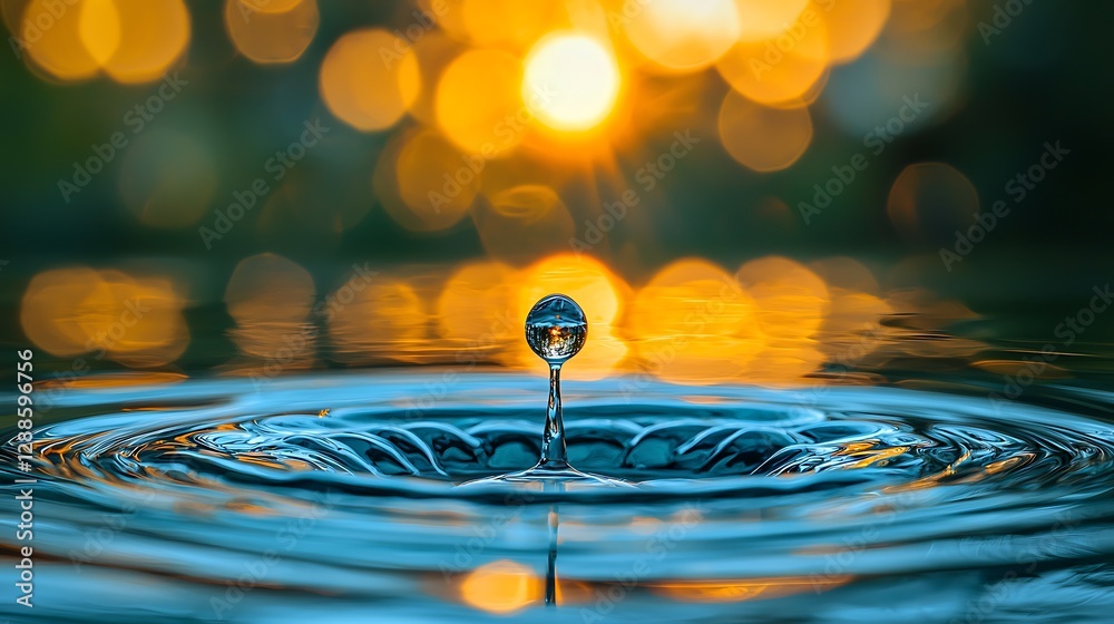 Poster water drop falls to ripples at sunset, creating perfect circular shapes. used for backgrounds