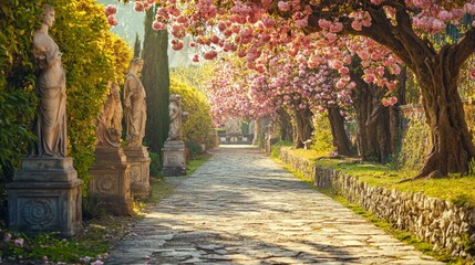 Naklejka premium Serene Garden Pathway with Cherry Blossom Trees and Statues