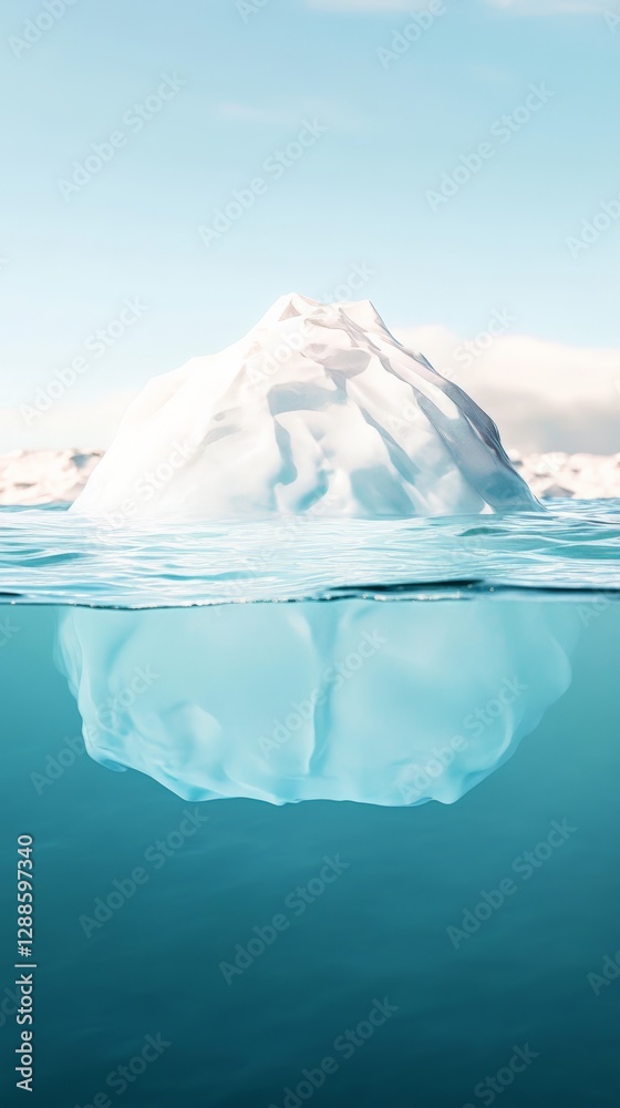 Poster iceberg floating in the ocean, with its tip above water and a larger submerged section, symbolizing 