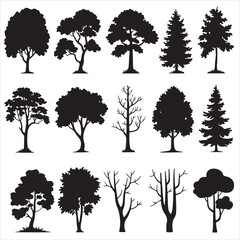 set of black vector various birch tree silhouettes