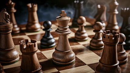 Fototapeta premium close up of wooden chess set mid game, showcasing intricate pieces and strategic play