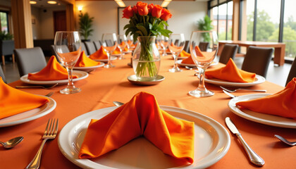 Elegant orange napkin display on table setting, joyful ambiance