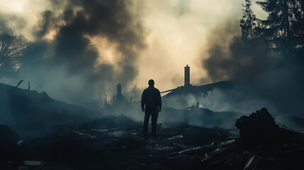 A dramatic shot of a lone survivor standing in front of the ruins of their burnt-down home, framed by smoke and ash