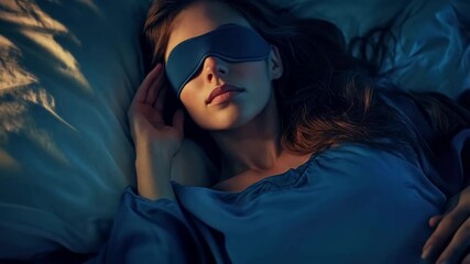 Relaxing woman prepares for sleep wearing a sleep mask in a cozy bedroom at night