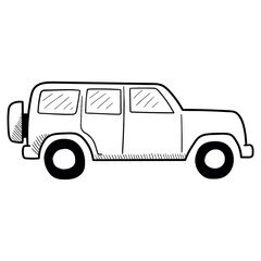 Hand drawn doodle suv car on white background.
