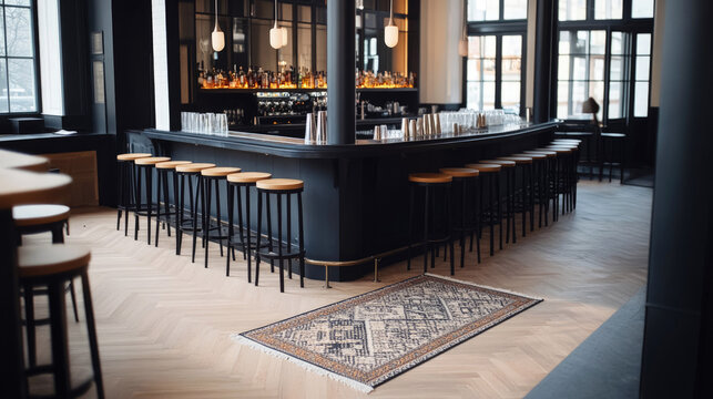 The bar's stylish, modern English-style interior features a sleek black counter, wooden stools, warm lighting and large windows, creating a cozy atmosphere ideal for social gatherings.