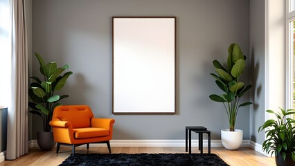 Minimalist Living Room Interior Featuring Orange Armchair and Framed Wall Space with Plants