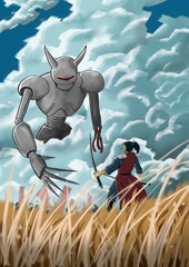 Samurai vs. Giant Mecha - A futuristic battle in a golden field.