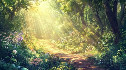 Obraz premium Serene Sunlit Path Through Lush Greenery in Tranquil Forest