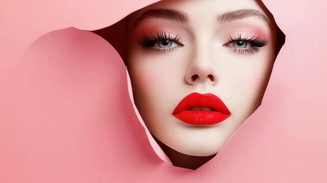 Stunning beauty emerges through a hole in pastel paper showcasing makeup artistry and fashion creativity
