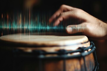 detailed view of a hand tapping on a bongo drum, with the sound waves visually represented, minimal...