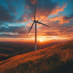 Rural Landscape with Wind Turbine and Sunrise Over Rolling Hills