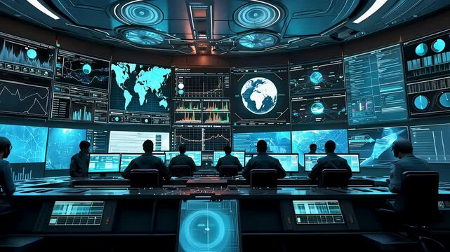 High-tech command center with multiple analysts monitoring real-time data on digital screens
