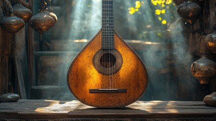 Vintage Portuguese guitar in sunlit workshop