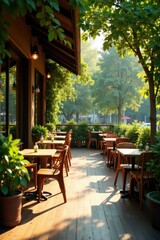Fototapeta premium Sunlit Patio Dining Area with Lush Greenery and Wooden Tables and Chairs