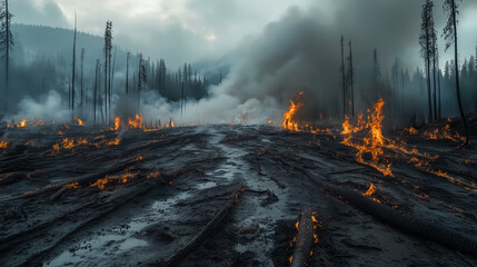 A dramatic view of clouds of steam rising from rain-soaked, still-smoldering earth in a fire-ravaged forest