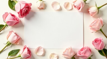 A blank card surrounded by delicate pink roses and petals, perfect for a heartfelt message or invitation