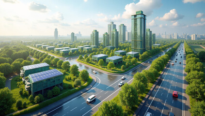 An aerial view of a sustainable, eco-friendly city with green buildings, solar panels, and electric vehicles, emphasizing environmental consciousness and urban planning. Wallpaper, banner.