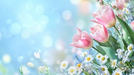 Obraz premium Blooming pink tulips and daisies on a vibrant blue bokeh background