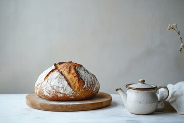 minimalist kitchen table with a freshly baked loaf of bread and a pot of tea, symbolizing the slow life concept, minimal background with copy space