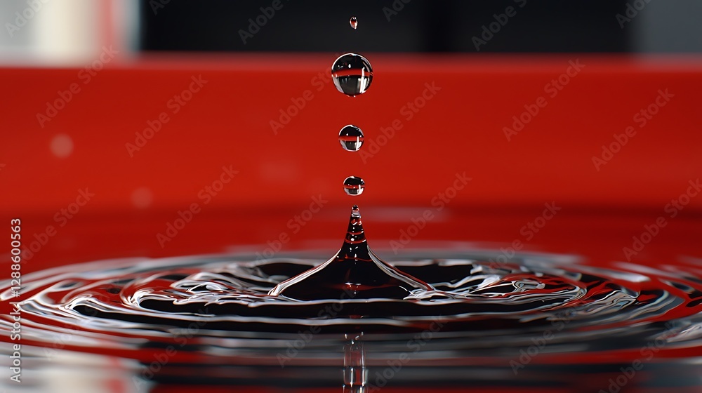 Aufkleber Water drops falling in liquids creating ripples with red background; use as science concept