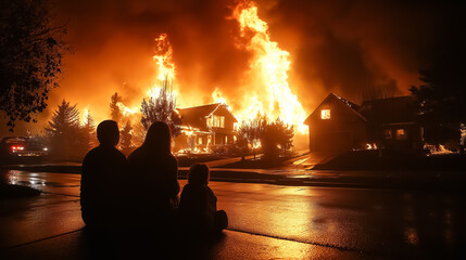 A family huddled together on the sidewalk, watching firefighters battle flames consuming their home