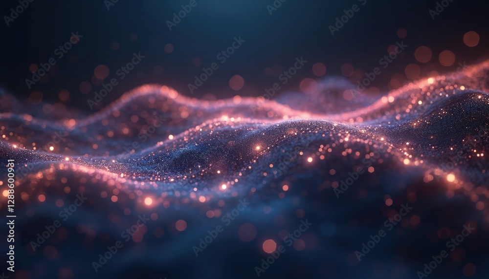 Fototapete abstract digital wavy surface with glowing particles on dark background. futuristic tech design with