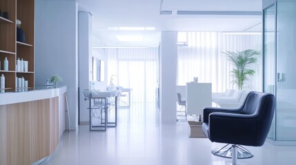 Hair restoration consultation in a clean, serene clinic. Featuring regrowth and rejuvenation techniques