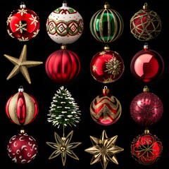 Elegant Christmas Ornaments in Red and Gold on Black Background