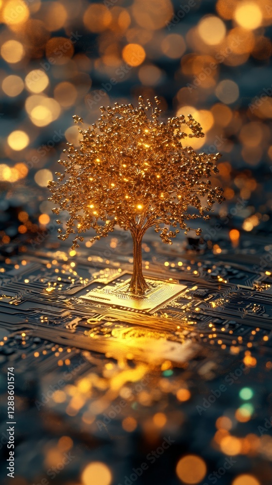 Aufkleber golden tree sculpture on circuit board with glowing lights, bokeh effect. technology and nature fusi