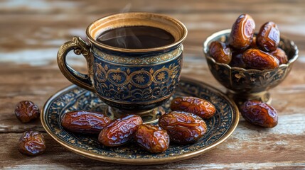 Fototapeta premium A beautifully styled coffee cup with intricate designs, accompanied by a bowl of dates on a rustic wooden surface.