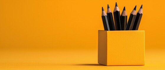 A vibrant set of black pencils in a yellow holder against a bright background.