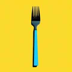 Black fork with blue handle on vibrant yellow background with shadow