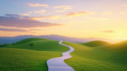 Fototapeta premium A serene landscape featuring a winding wooden path through lush green hills, bathed in a warm golden glow from the setting sun. goal of life achievement learning. success,