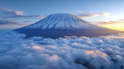 Snowy Mountain Peak Above Clouds at Sunrise