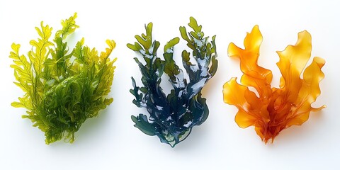 Colorful Seaweed Collection Displayed on White Background from Above for Education
