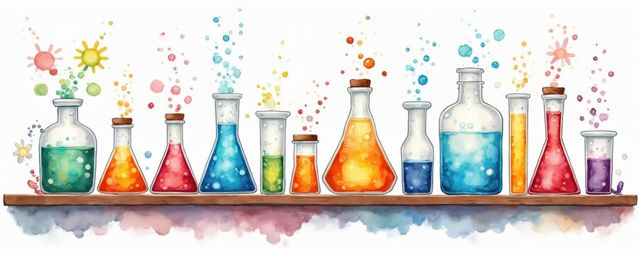 Cute watercolor science illustration featuring laboratory equipment. Flasks, test tubes filled colorful liquid stand on wooden shelf. Science experiment clipart, isolated on white background.
