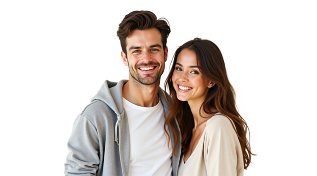 Happy young couple portrait. Smiling man and woman hugging, studio shot. Isolated cutout on transparent background. Great for dating, relationship, lifestyle themes. - Powered by Adobe