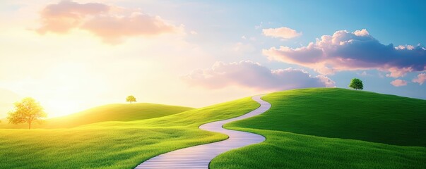 Obraz premium A serene landscape featuring rolling green hills illuminated by a bright sun, with a winding path inviting exploration. goal of life achievement learning. success,