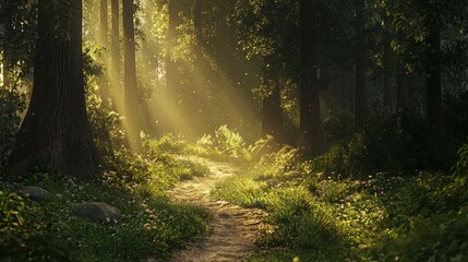 Obraz premium Tranquil Forest Path with Sunlight Filtering Through Trees