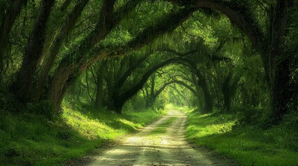 Obraz premium Serene Pathway Through Lush Green Forest Canopy at Daytime