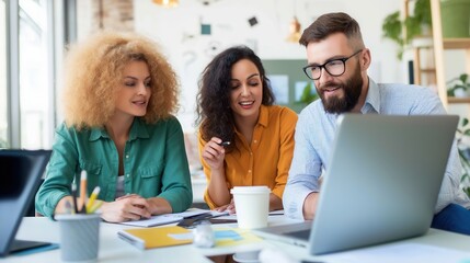 Fototapeta premium Diverse team collaboration with laptops and documents in a modern office