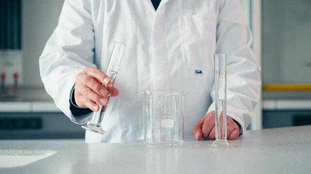 Laboratory scientist with measuring cylinders and beaker for chemistry experiment