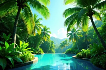 Fototapeta premium Tranquil Infinity Pool Surrounded by Lush Tropical Foliage and Towering Palm Trees