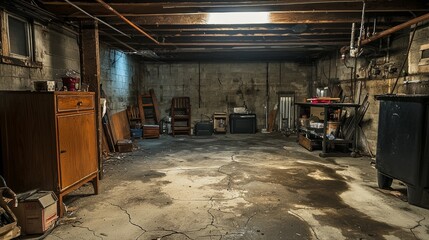 Empty Basement with Wooden Furniture and Concrete Walls in Adverse Condition