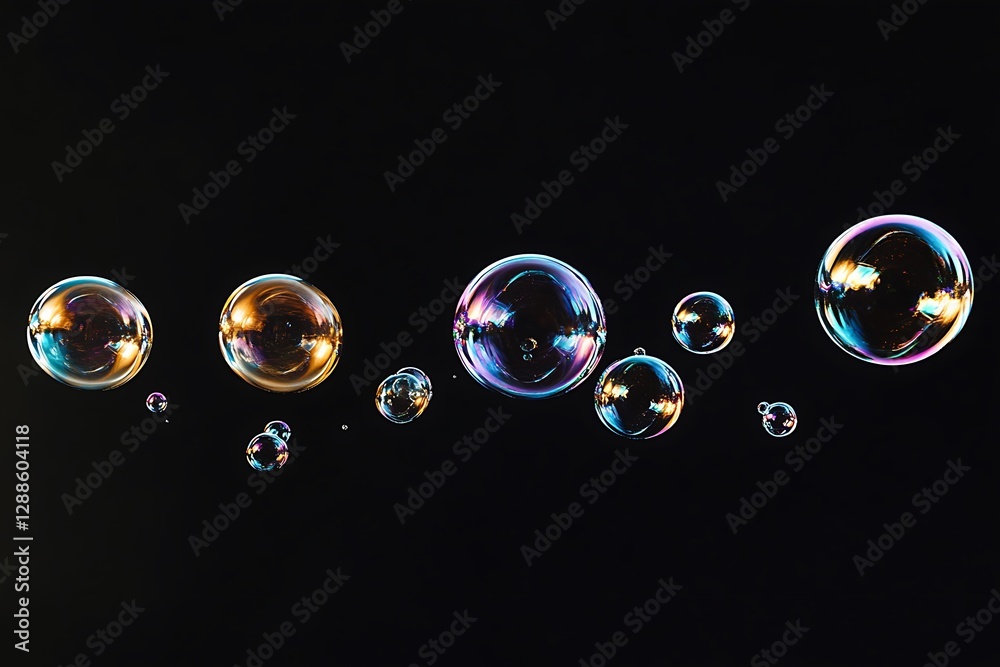 Poster iridescent soap bubbles floating on black background. (4)
