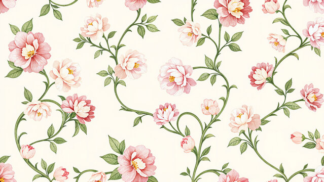 Fototapeta A vintage floral pattern with pink and white roses, green leaves, and swirling vines on a light background.